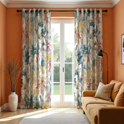 Blue Pink Yellow Watercolor Floral Curtains, Abstract Drapes