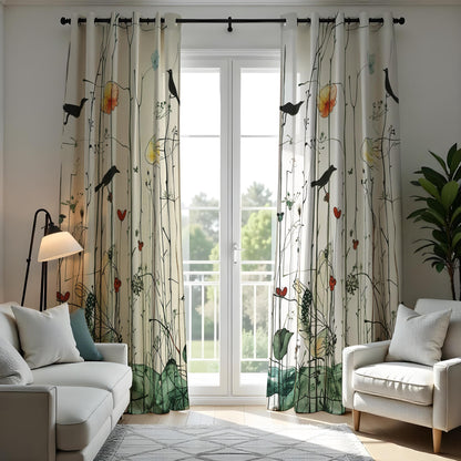 Bird and Flower Curtains, Botanical Art Print Window Drapes