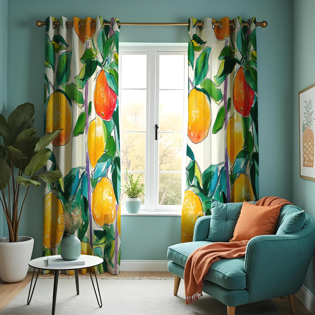 Lemon Watercolor Kitchen Curtains, Citrus Botanical Drapes