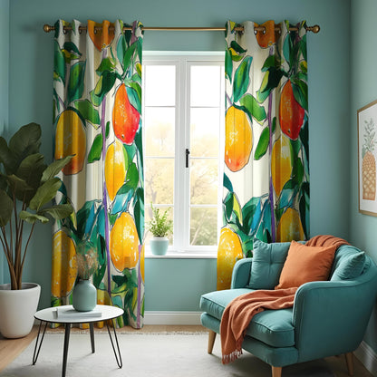 Lemon Watercolor Kitchen Curtains, Citrus Botanical Drapes