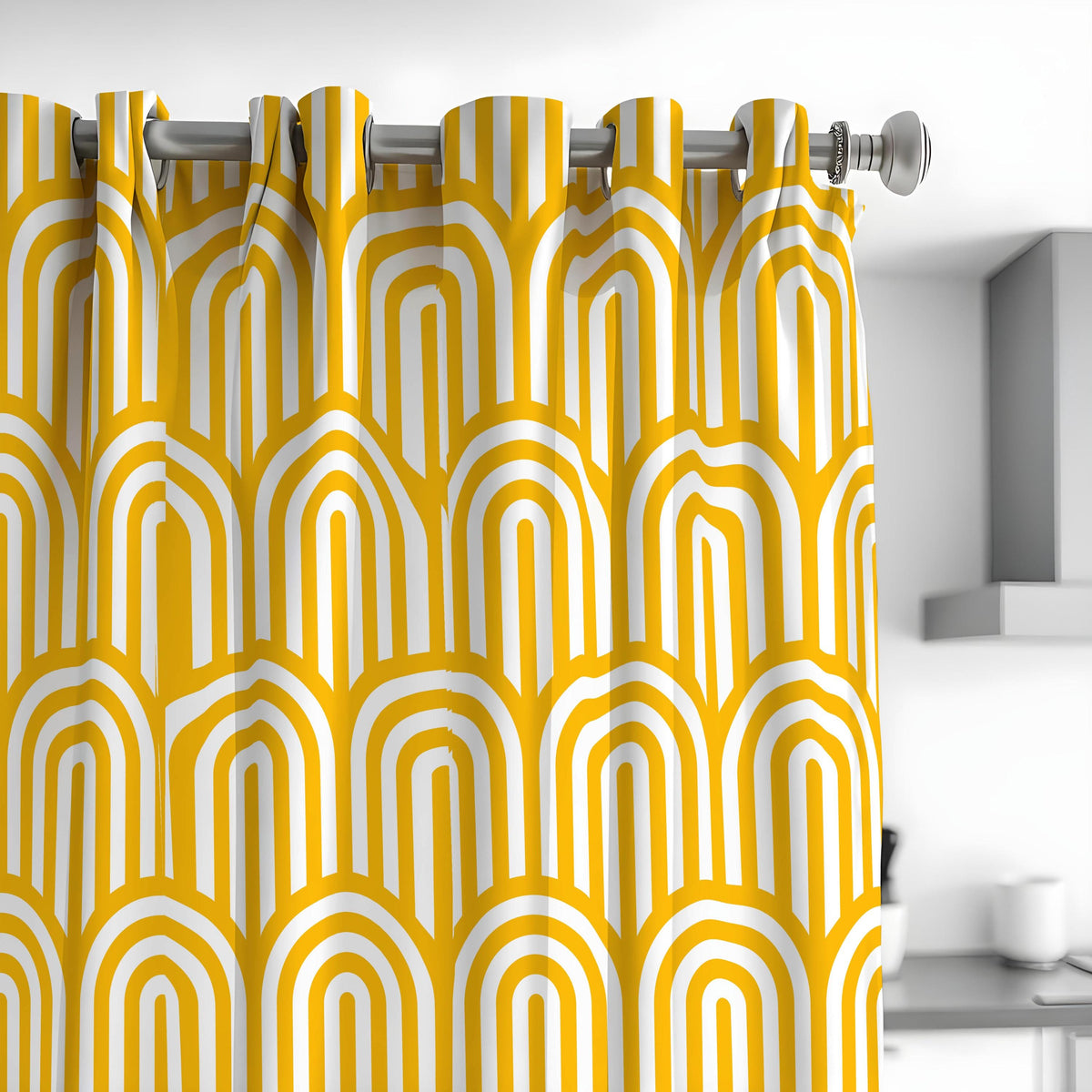 Mustard Yellow Retro Arch Curtains, Rainbow Geometric Drapes
