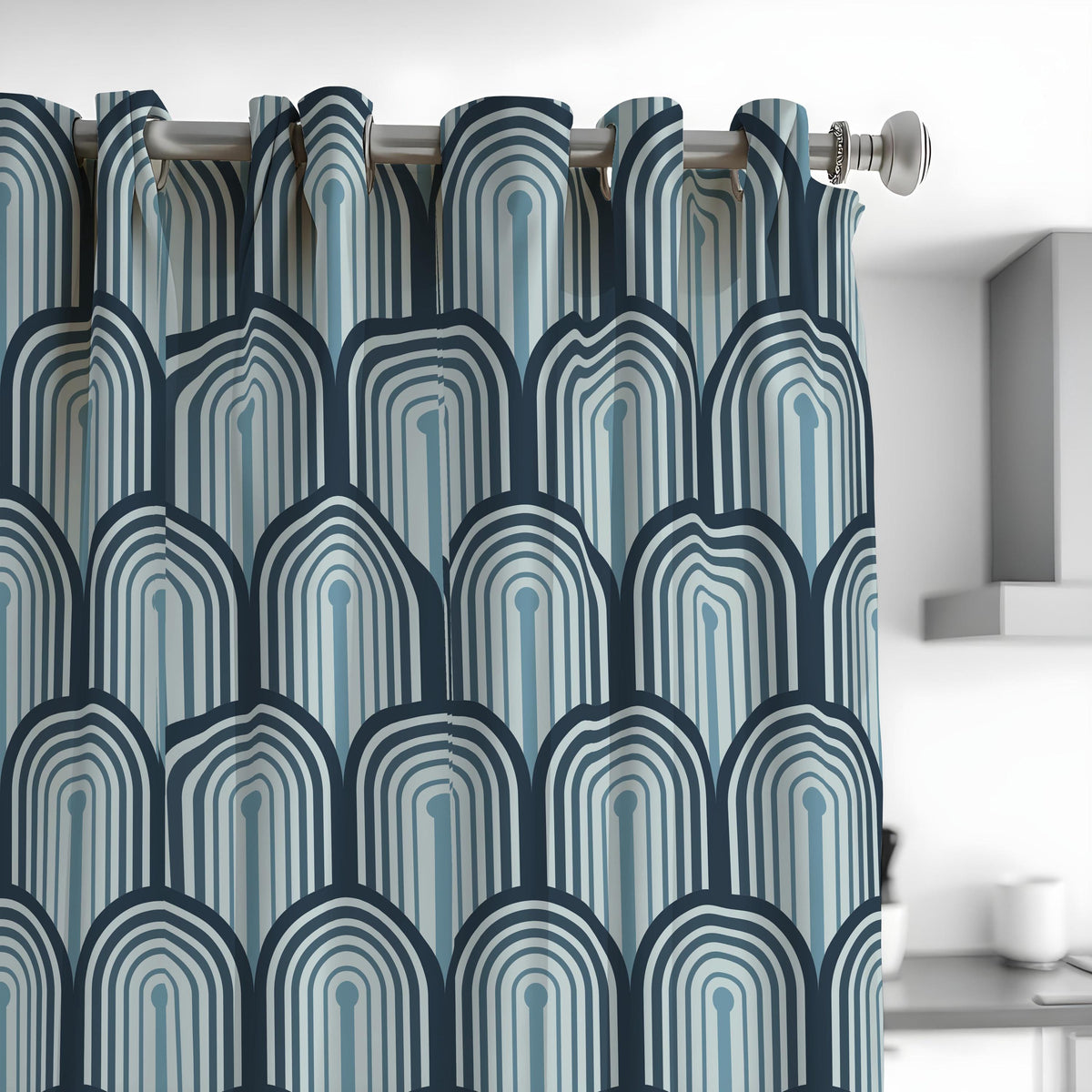 Blue Retro Arch Curtains, Mid Century Geometric Drapes