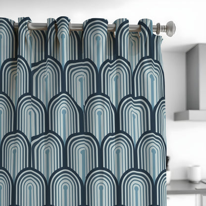 Blue Retro Arch Curtains, Mid Century Geometric Drapes
