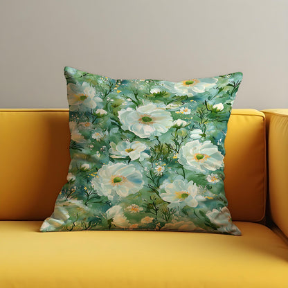 Green Floral Cushion Cover, White Flower Pillow Case