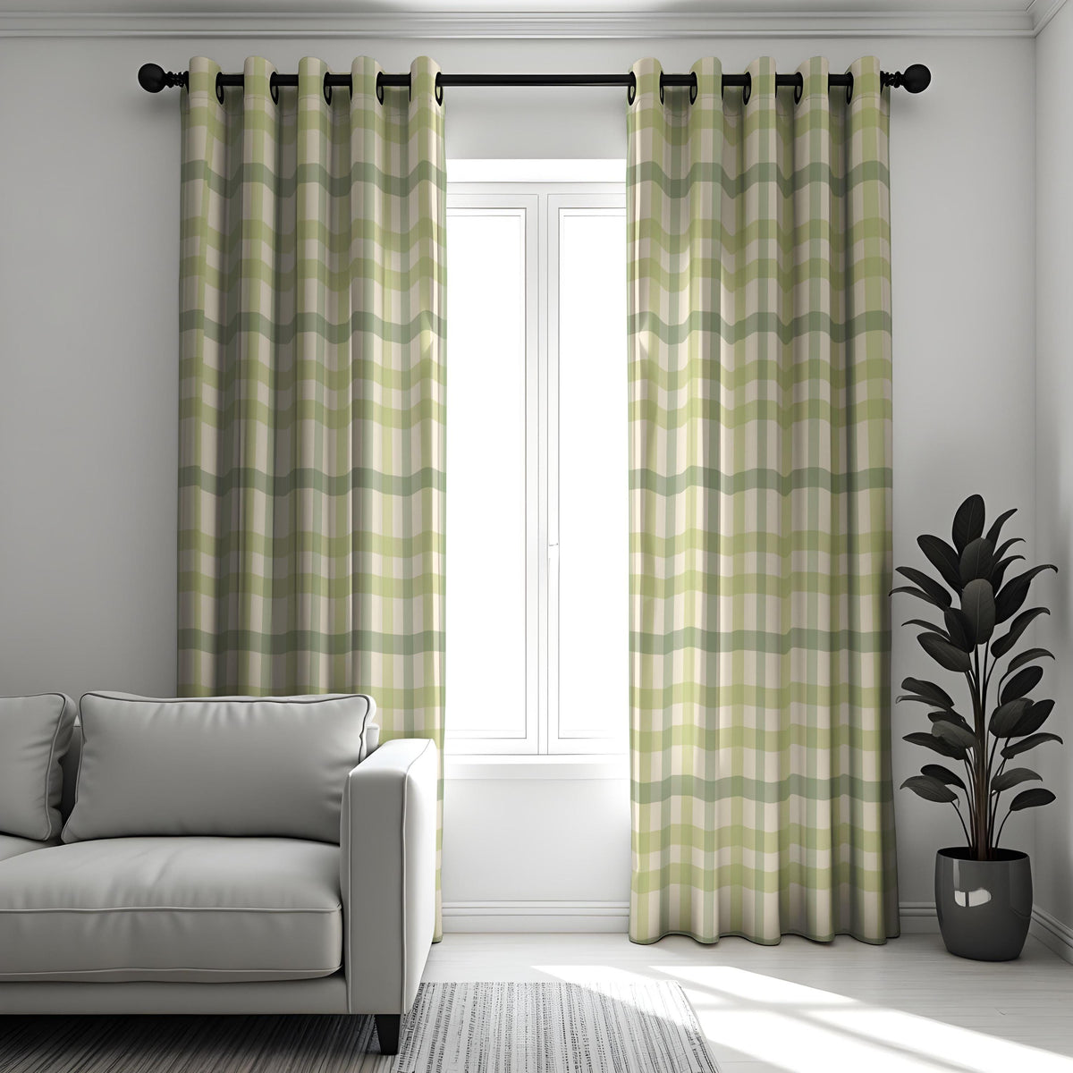 Green Gingham Plaid Curtains, Farmhouse Kitchen Drapes