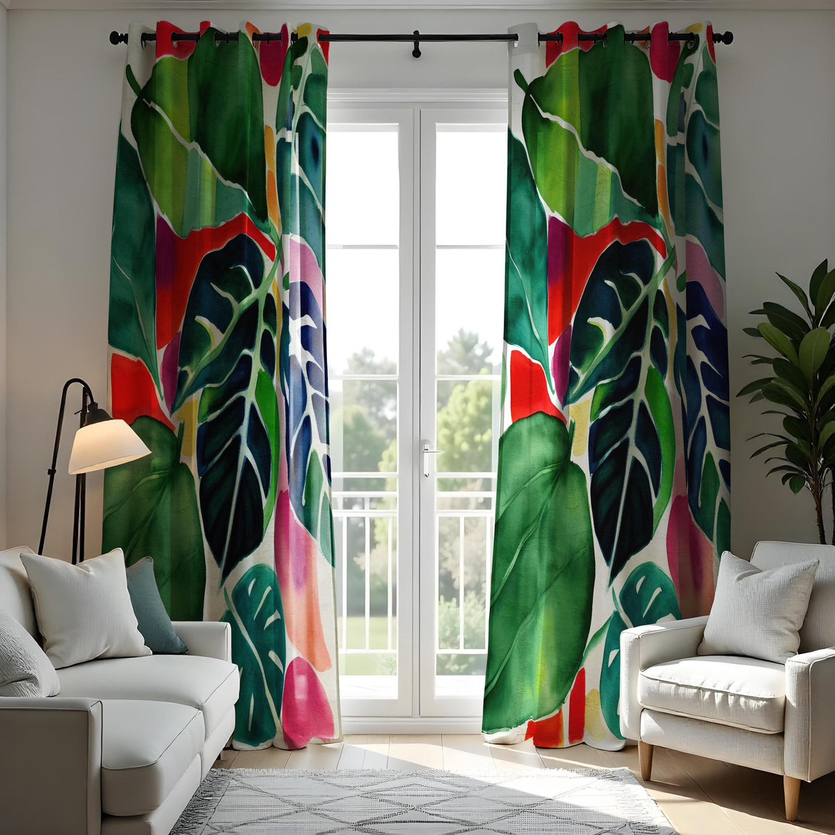 Red & Green Jungle Leaf Curtains, Tropical Botanical Drapes