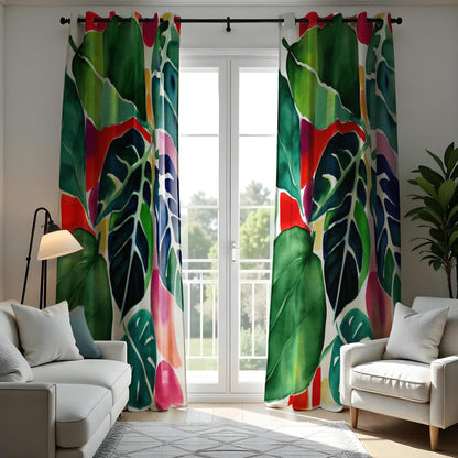 Red & Green Jungle Leaf Curtains, Tropical Botanical Drapes