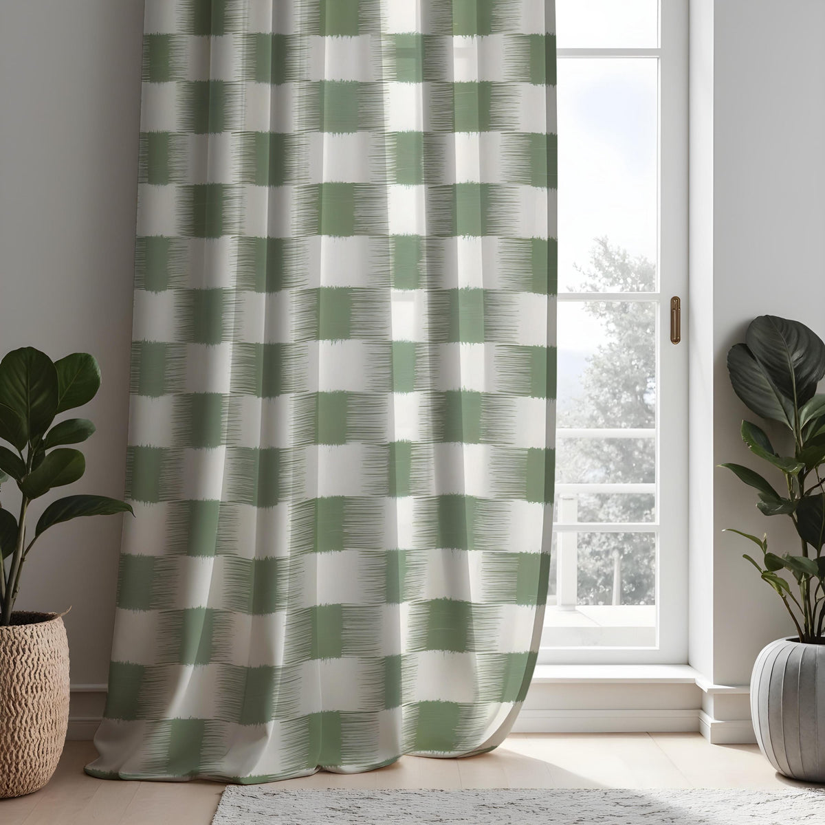 Green & Cream Geometric Block Curtains, Modern Drapes