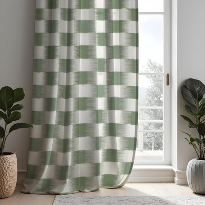 Green & Cream Geometric Block Curtains, Modern Drapes