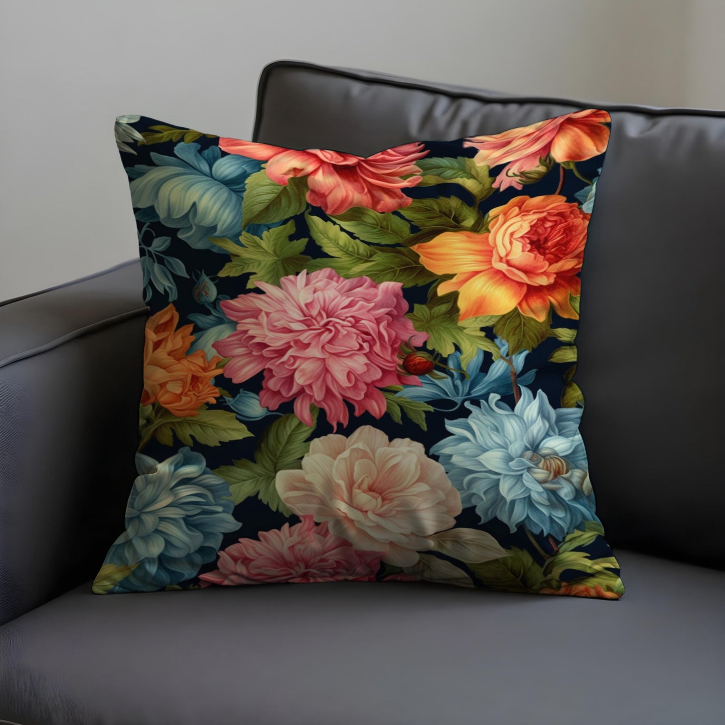 Bold Classic Floral Cushion Cover, Multicolor Peonies & Leaves Pillow Case