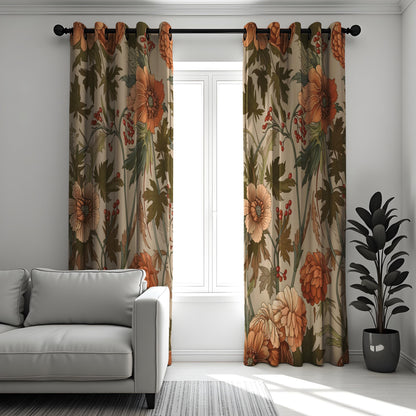 Autumn Orange Floral Curtains, Vintage Botanical Drapes