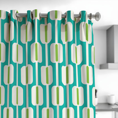 Teal & Lime Retro Geometric Curtains, Mid Century Drapes