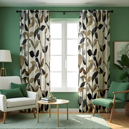 Beige & Black Leaf Print Curtains, Neutral Botanical Drapes