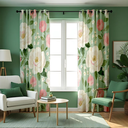 Pink & White Floral Curtains, Big Bloom Botanical Drapes