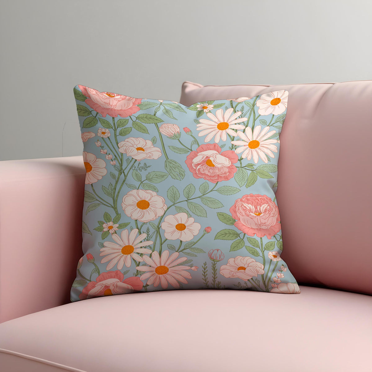 Blue Daisy Rose Cushion Cover, Floral Pillow Case