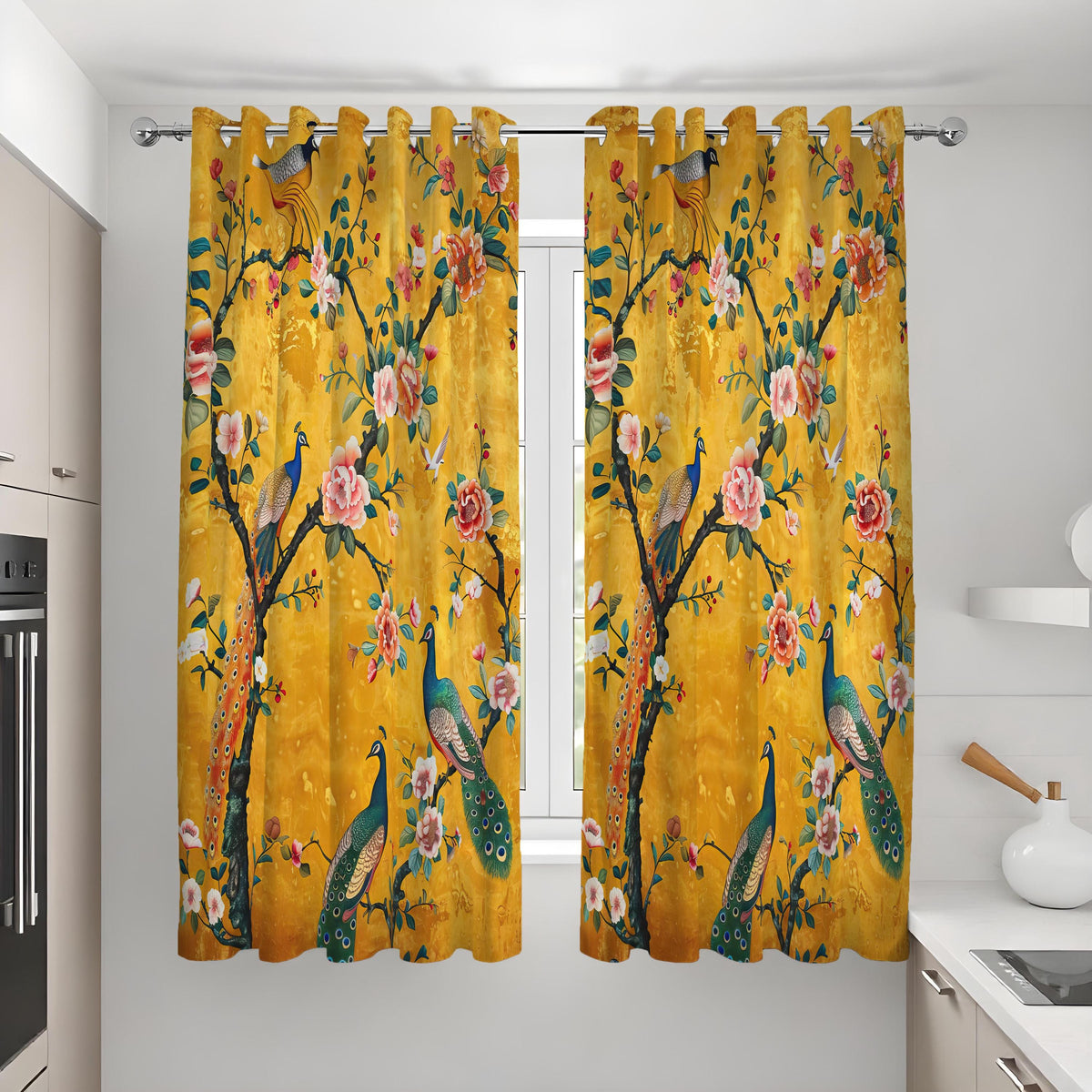 Yellow Chinoiserie Peacock Curtains, Floral Window Drapes
