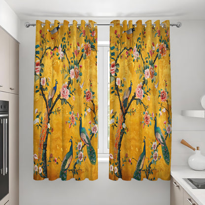 Yellow Chinoiserie Peacock Curtains, Floral Window Drapes