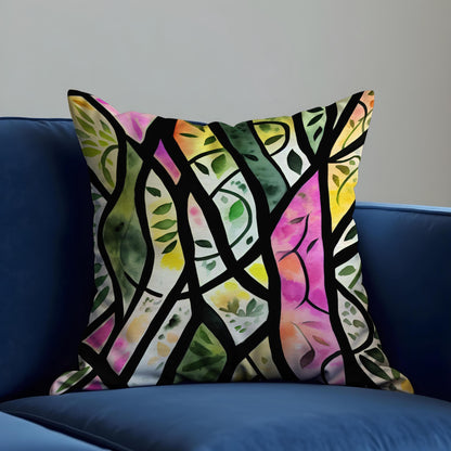 Stained Glass Leaf Cushion Cover, Colorful Tree Branch Pillow Cover