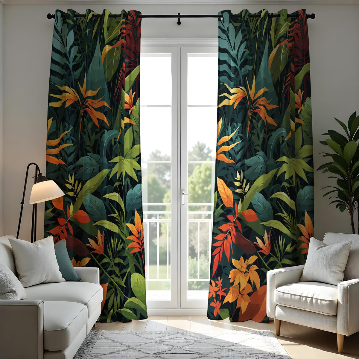 Deep Green & Orange Jungle Leaf Curtains, Tropical Drapes