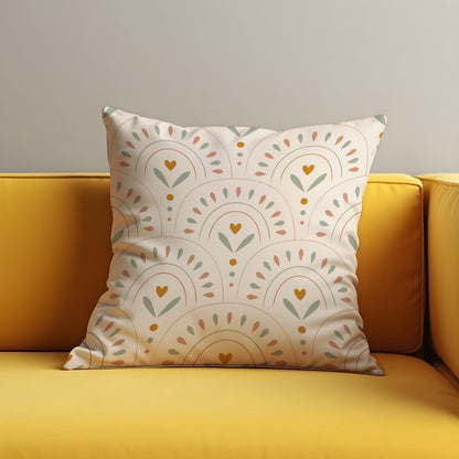 Boho Rainbow Cushion Cover, Arches with Heart & Leaf Motif Pillow Case