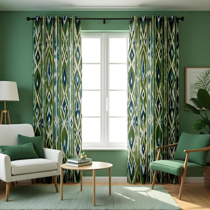 Green Blue Boho Ikat Curtains, Vertical Geometric Drapes