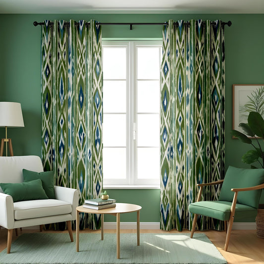 Green Blue Boho Ikat Curtains, Vertical Geometric Drapes