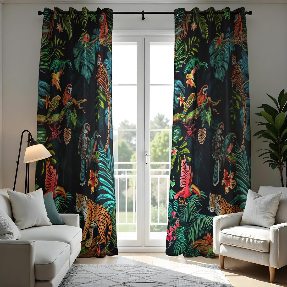 Leopard & Parrot Jungle Curtains, Tropical Animal Drapes