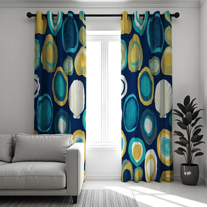 Navy & Teal Nautical Shell Curtains, Coastal Beach Drapes