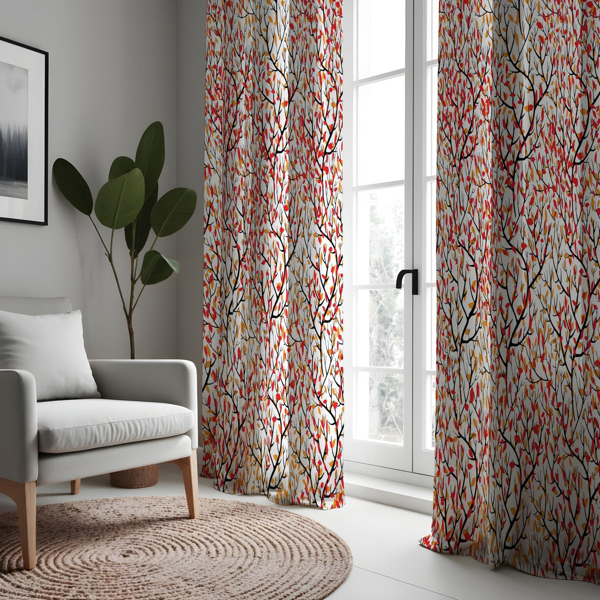 Red Orange Green Leaf Curtains, Colorful Botanical Drapes