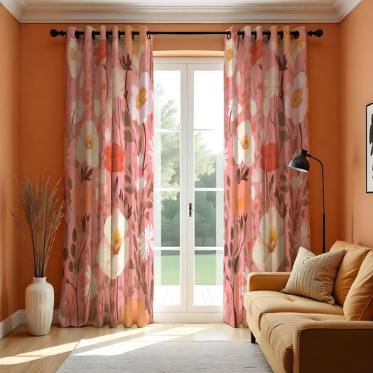 Retro Orange & Pink Floral Curtains, Mid Century Drapes