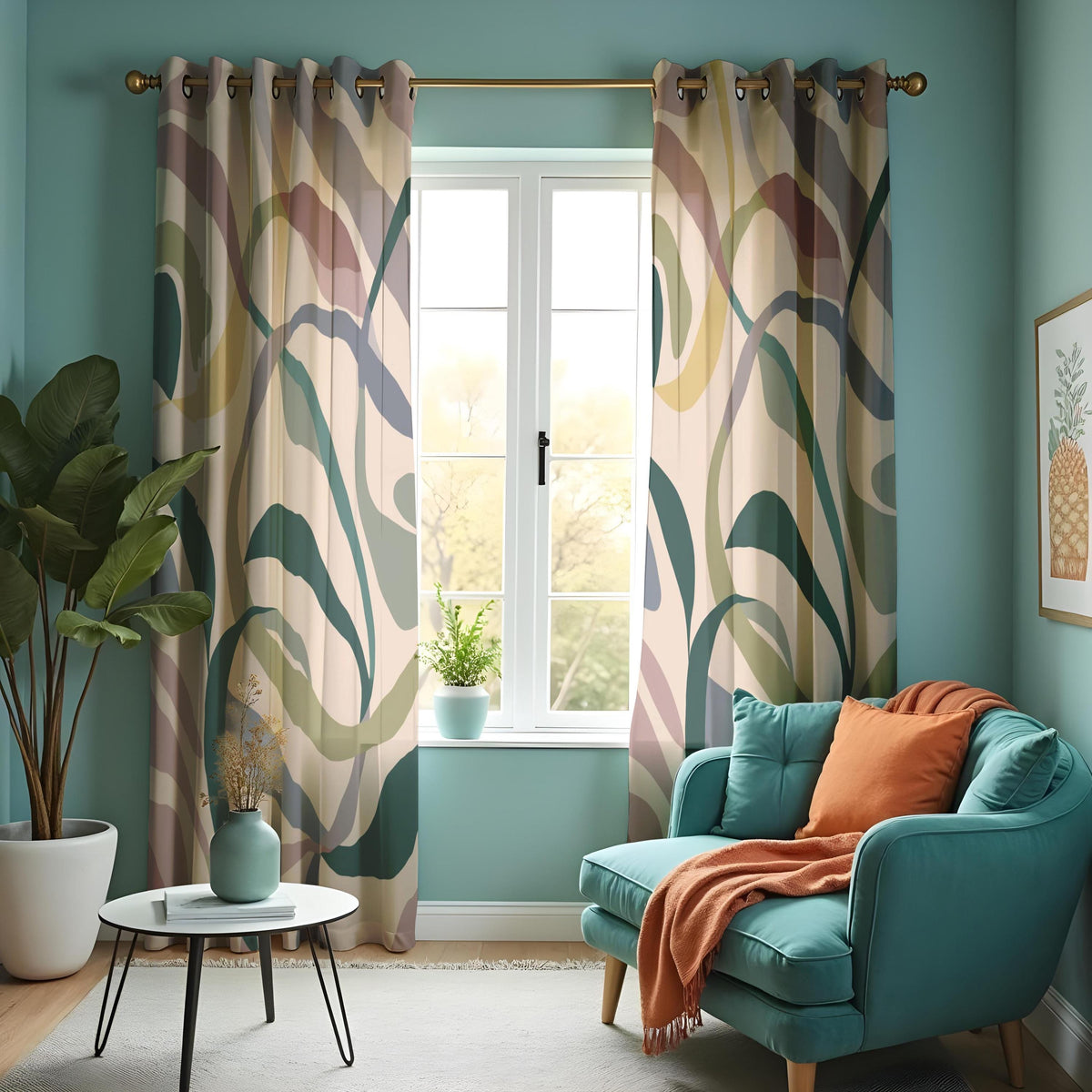 Earth Tone Abstract Leaf Curtains, Botanical Print Drapes