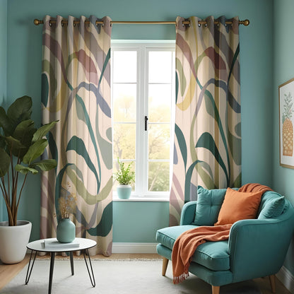 Earth Tone Abstract Leaf Curtains, Botanical Print Drapes