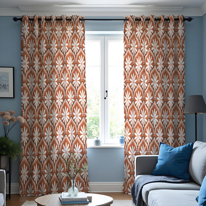 Retro Orange Daisy Curtains, Mid Century Geometric Drapes