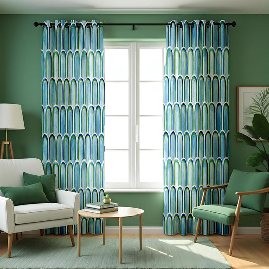 Retro Blue Green Arch Curtains, Mid Century Modern Drapes