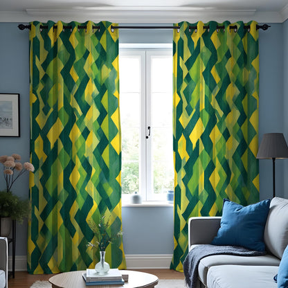 Yellow Green Geometric Curtains, Modern Abstract Drapes