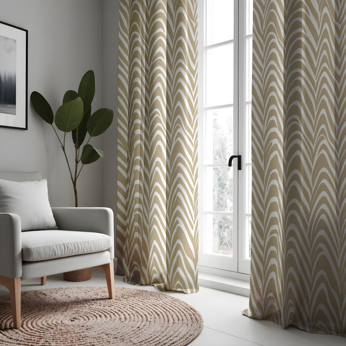 Beige Chevron Curtains, Neutral Zigzag Window Drapes