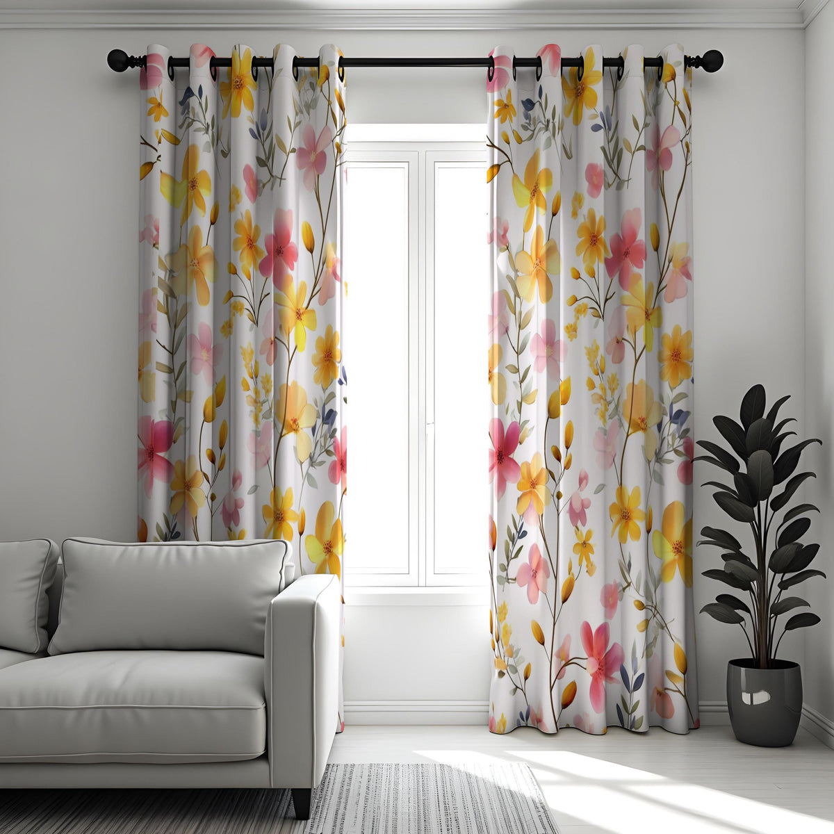 Yellow and Pink Floral Curtains, Watercolor Flower Drapes