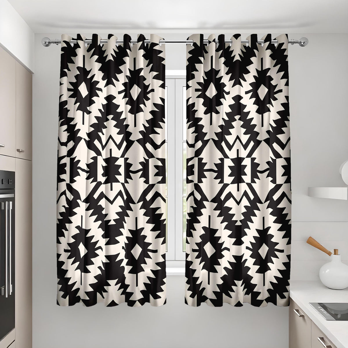 Black and White Aztec Curtains, Monochrome Geometric Drapes