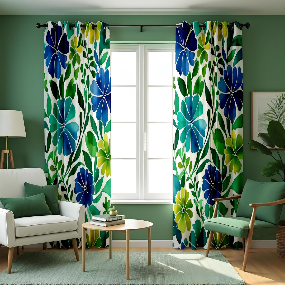 Blue & Green Tropical Floral Curtains, Summer Drapes