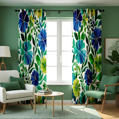 Blue & Green Tropical Floral Curtains, Summer Drapes