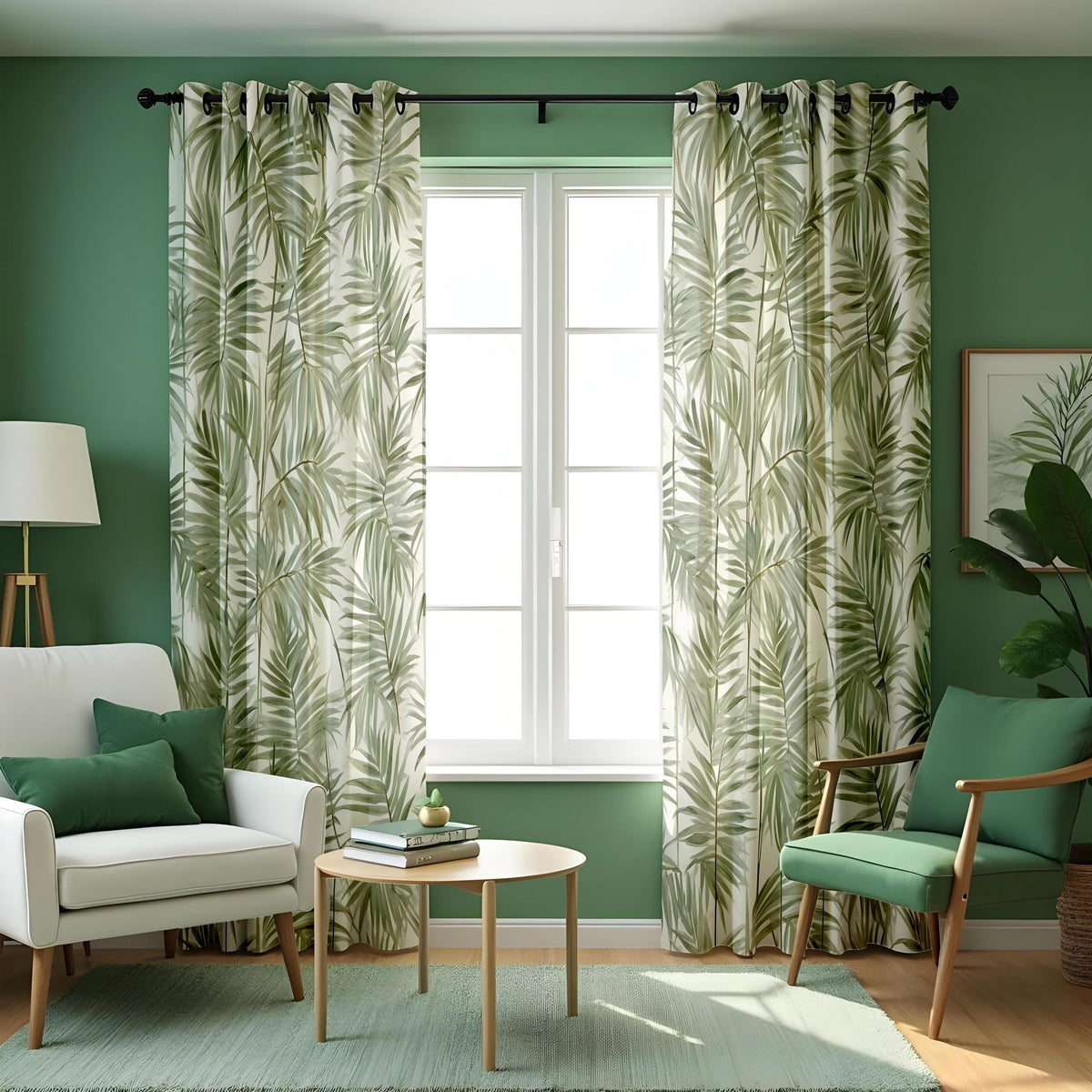 Tropical Green Leaf Curtains, Jungle Print Eyelet Drapes