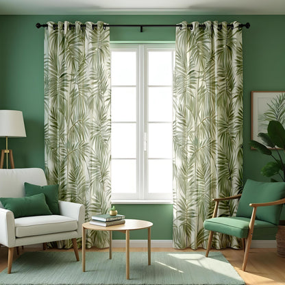 Tropical Green Leaf Curtains, Jungle Print Eyelet Drapes