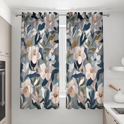Navy Blue & Beige Floral Curtains, Abstract Leaf Drapes