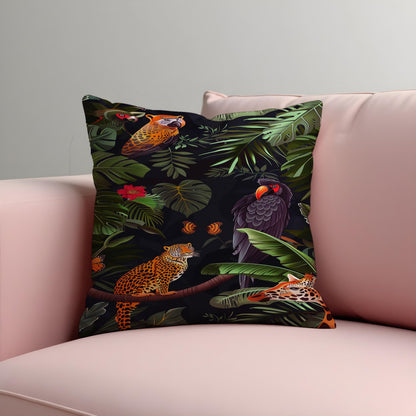 Jungle Animal Print Cushion Cover, Black Tropical Throw Pillow Case