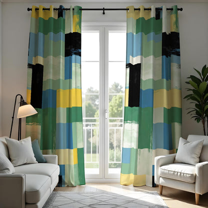 Green Blue Yellow Geometric Curtains, Abstract Window Drapes