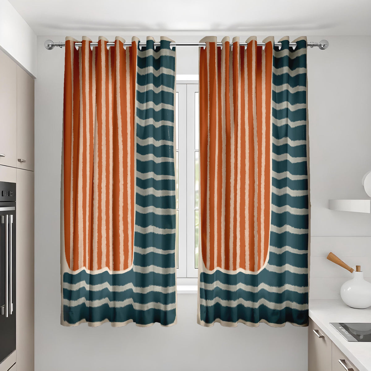 Rust Orange & Teal Stripe Curtains, Modern Boho Drapes