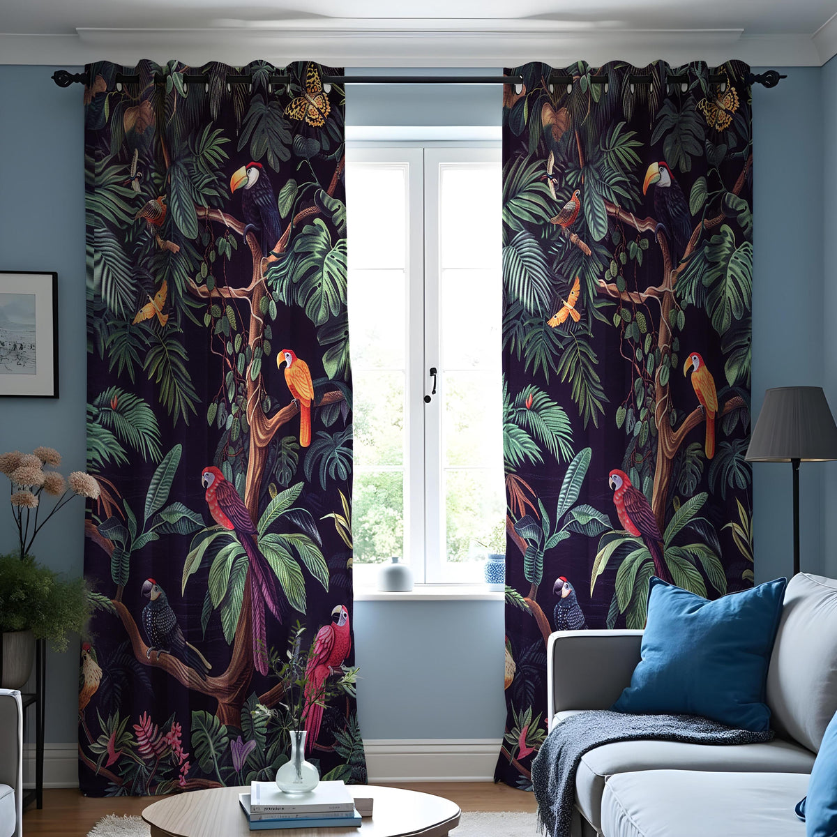 Tropical Parrot Curtains, Dark Jungle Bird & Leaf Drapes