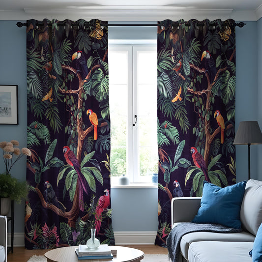 Tropical Parrot Curtains, Dark Jungle Bird & Leaf Drapes