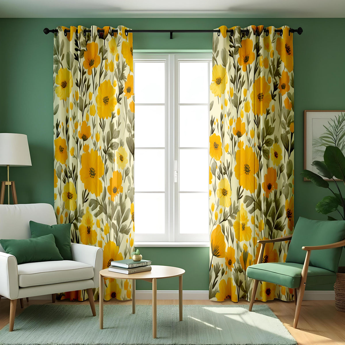 Mustard & Olive Floral Curtains, Bold Botanical Drapes