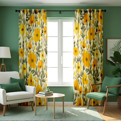 Mustard & Olive Floral Curtains, Bold Botanical Drapes